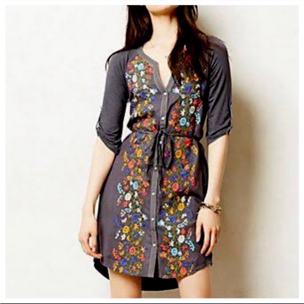 Anthropologie Tiny Embroidered Front Button Tunic Belted Dress Size XS - Picture 1 of 10